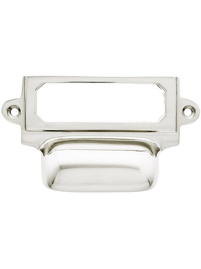 3 5/8 inch Cast Brass Label Holder and Bin Pull in Polished Nickel.